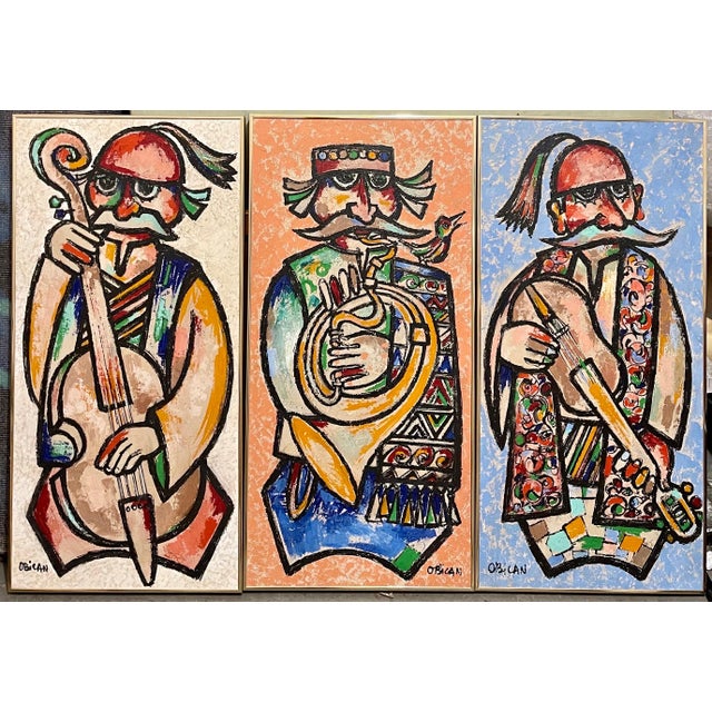 Blue Jovan Obican, Large Naive European Folk Art Oil Painting Jovan Obican Klezmer Jazz Musician, c.1960's For Sale - Image 8 of 8