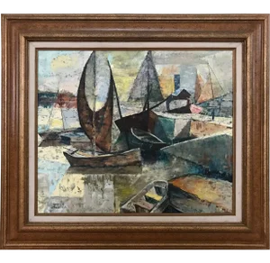 Chester Dixon Snowden 1 Oil Painting of Cubist Boats 1950s