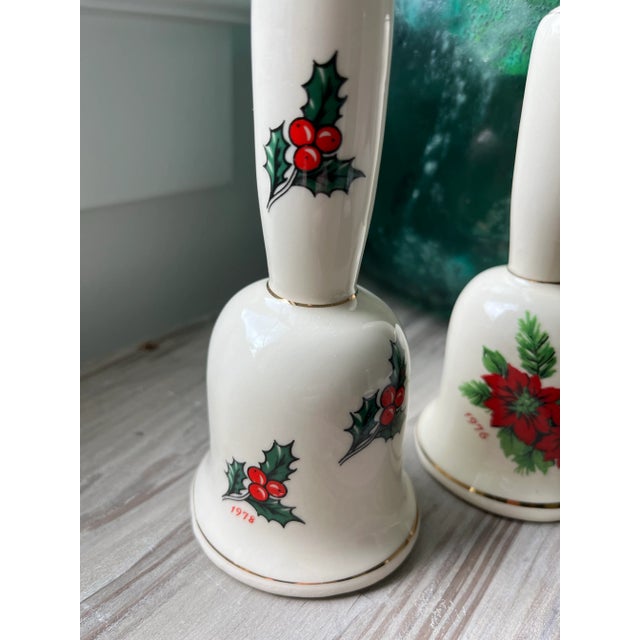 Traditional 1970s Porcelain Christmas Bells Hand-Painted Holly and Poinsettias-A Pair For Sale - Image 3 of 10