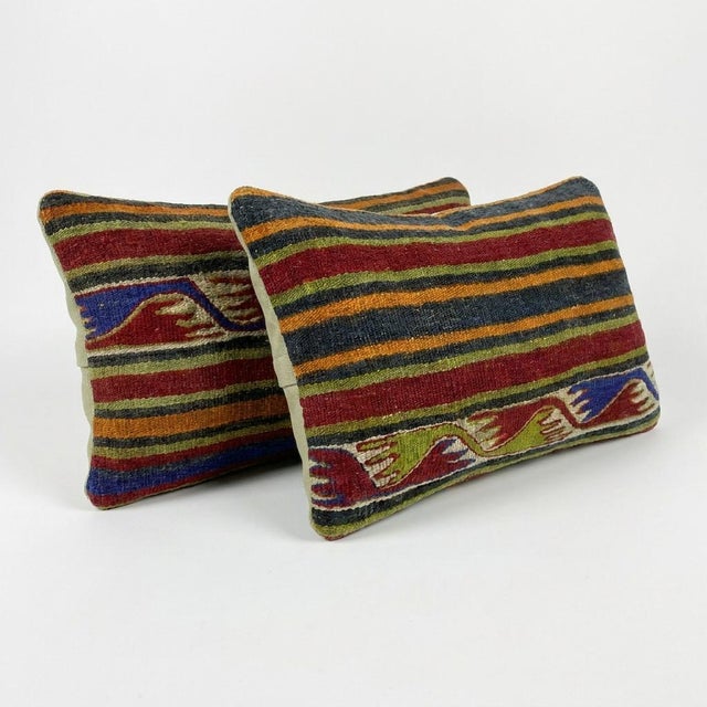 Mid-Century Modern Bohemian Kilim Lumbar Pillow Cover 11'' X 23'' - Set of Two For Sale - Image 3 of 4