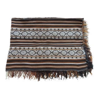 Vintage Brown and Black Stripe Woven Throw with Fringes For Sale