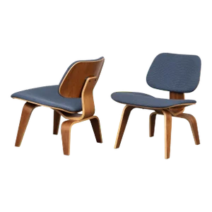 Eames Lcw Plywood Lounge Chairs in Walnut & Herman Miller Blue Fabric- a Pair