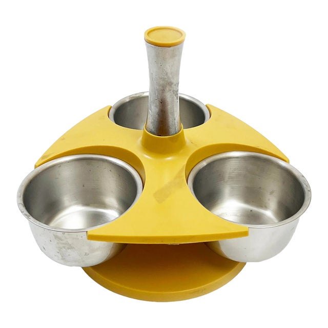 Mid-Century Retro Yellow & Silver Spinning Condiment Dish For Sale