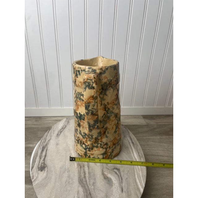 American 19th Century Antique Spongeware Stoneware Pitcher - Blue & Ochre Salt Glaze For Sale - Image 3 of 10