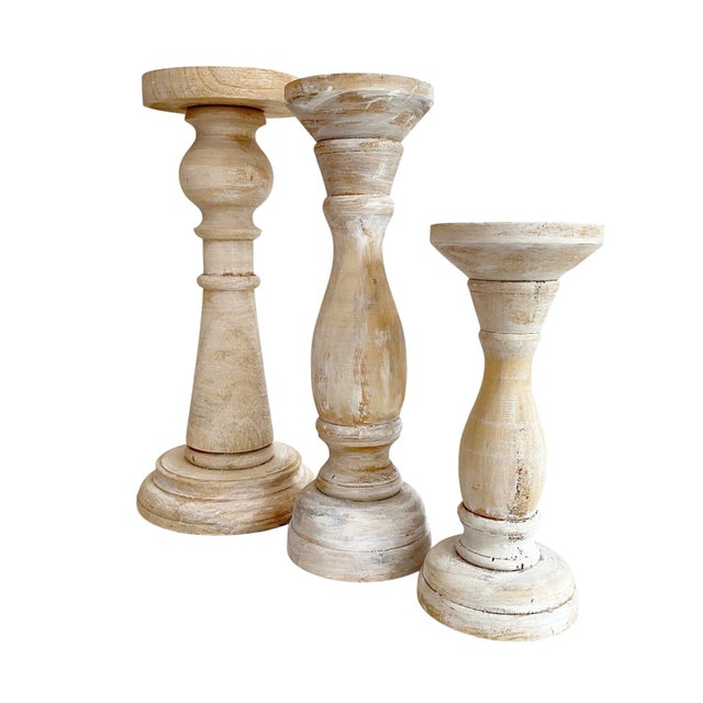White Washed Shabby Chic Wooden Pillar Candle Holders - Set of 3 For Sale - Image 4 of 5