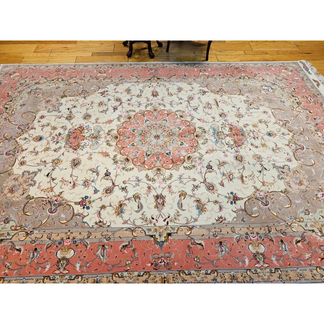 19th Century Persian Tabriz Rug, Hand-Knotted Wool & Silk, Fine Floral Pattern, Ivory & Salmon, 7x10 For Sale - Image 5 of 17