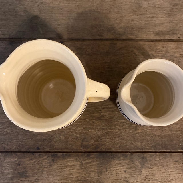 Traditional Vintage Signed Marshall Pottery Stoneware Pitchers With Double Cobalt Stripes-Set of 2 For Sale - Image 3 of 12