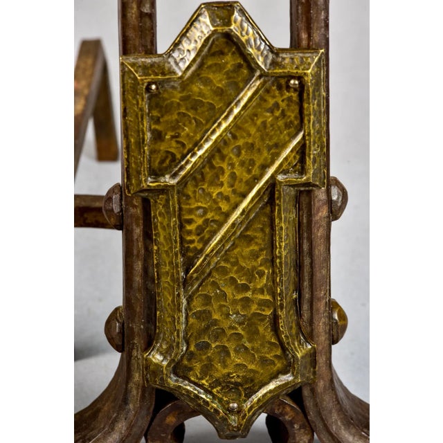 Large Arts & Crafts Hammered Iron and Brass Andirons - Pair For Sale - Image 9 of 10