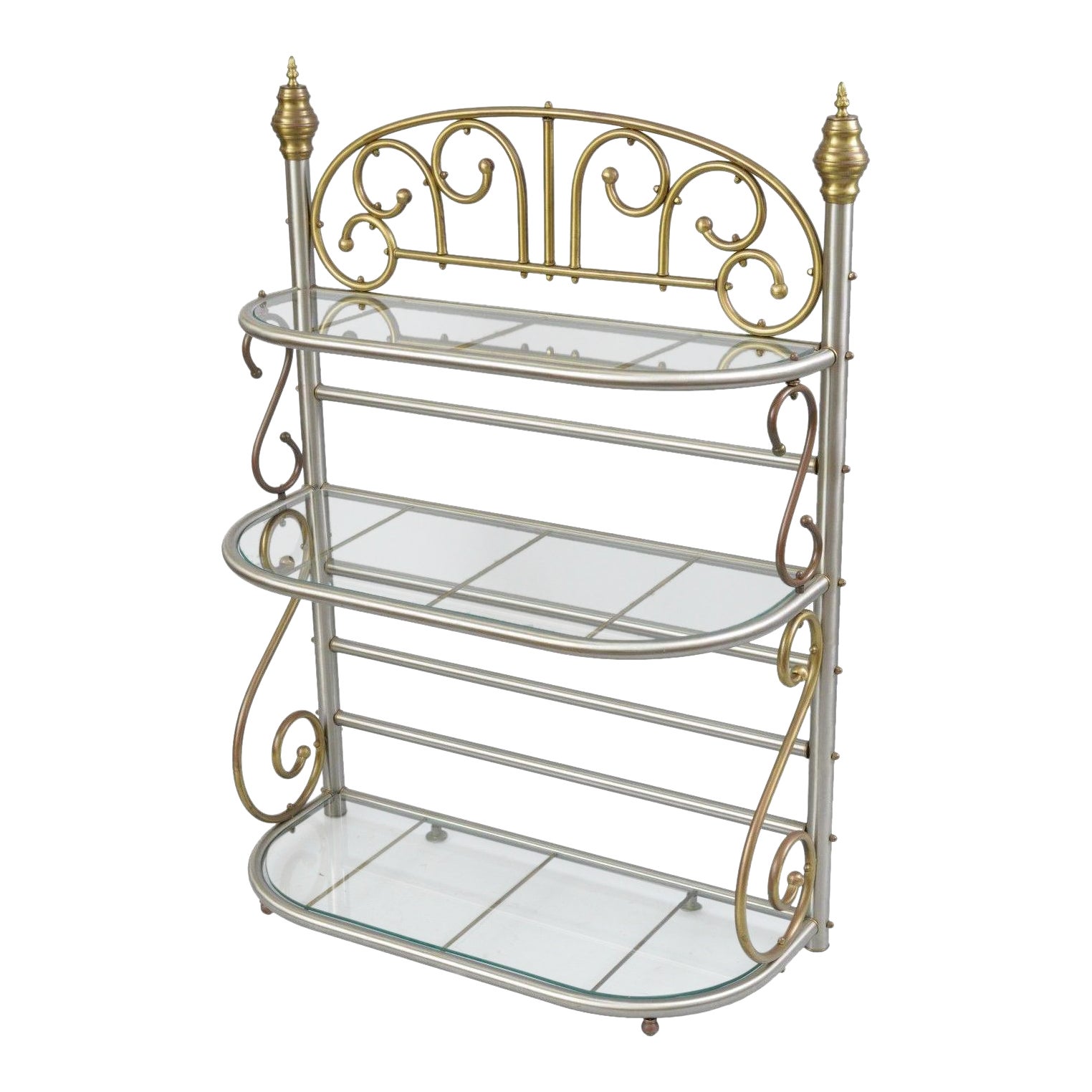 Vintage Small French Style Bakers Rack Scrolling Steel & Brass Glass