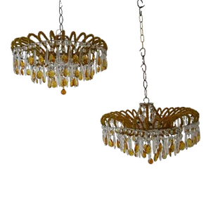 1 of 2 Italian Micro-Beaded Yellow Amber Flush Mount Crystal Prisms Chandelier