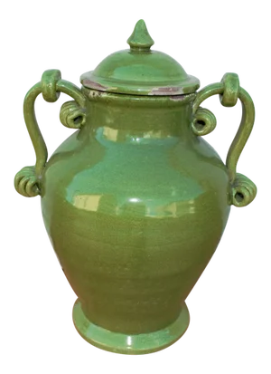 Vintage Ceramic Green Amphora Shaped Vase With Lid