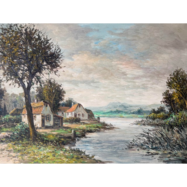 Abstract Vintage P. Veen European Countryside River Landscape Oil on Canvas Painting For Sale - Image 3 of 12