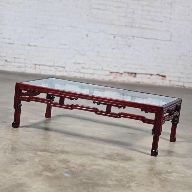 Late 20th Century Ming Style Rosewood Coffee Table With Rectangular Glass Inset Top Made in China For Sale - Image 10 of 12