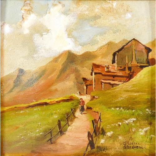 Oil on panel by giuseppe gheduzzi. Mountain landscape. Italy, 1940s origin italy period 1940s artist giuseppe gheduzzi...