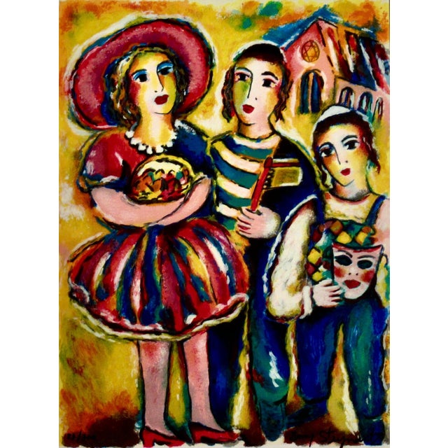 This artwork "Three Children" c.1995 is an original color serigraph by Israeli artist Zamy Steynovitz, 1951-2000. It is...