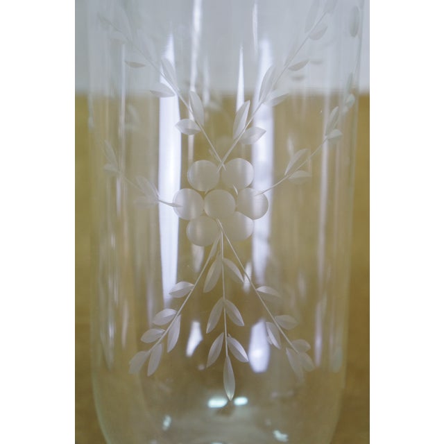 2 Mid Century Etched Glass Crystal Hurricane Candlestick Boudoir Lamps 20" For Sale - Image 9 of 18
