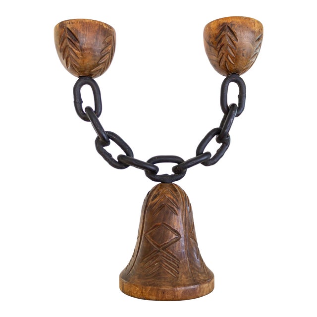 Spanish Chain and Wood Candle Holder Candelabra by Joaquin Ripoll For Sale
