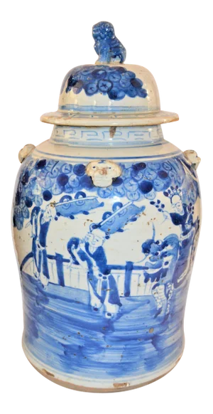 1990s Vintage Chinoiserie White & Blue Children & Qulin Ginger Jar