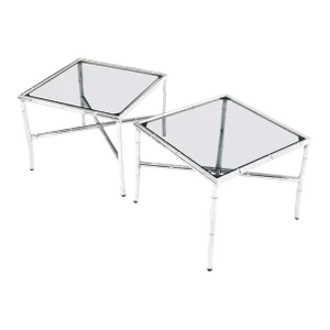 Pair of Chrome Metal Faux Bamboo x Base Smoked Glass End Side Tables