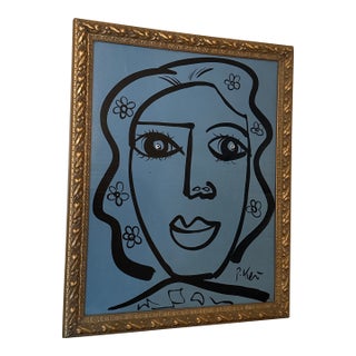 1970s Peter Keil Original Blue Abstract Portrait Painting, Framed For Sale