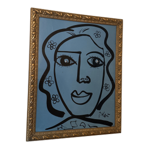 1970s Peter Keil Original Blue Abstract Portrait Painting, Framed