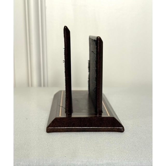 Wood Vintage Traditional Genuine Brown Leather Gold Tooling Letter Holder Desk Set For Sale - Image 7 of 10