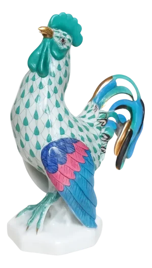 15014 VHV Porcelain Collectible Rooster Figurine Hand Painted in Green, Blue and Black from Herend Hungary, 1990