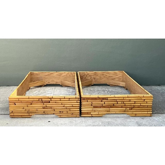 Wood Vintage Stacked Rattan King Bed Base - Pair For Sale - Image 7 of 12
