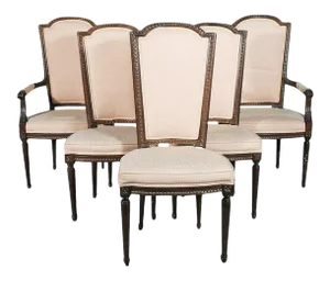 Circa 1940s Carved Walnut French Louis XVI Tall Back Dining Chairs- Set of 6