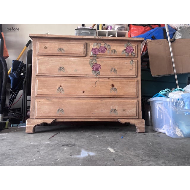 One-of-a-Kind Restored Vintage Floral Dresser in Deep Red & Stained Wood For Sale In Houston - Image 6 of 7