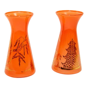 Vintage Orange Glass Vases With Gold Asian Pagodas Gay Fad Design