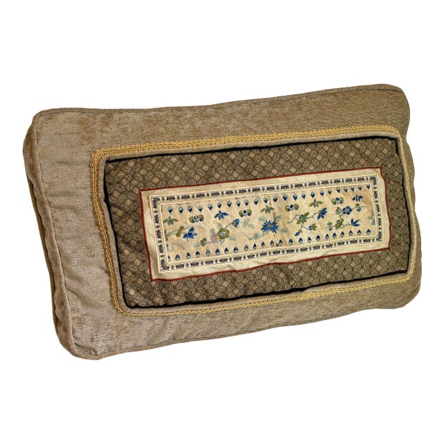 1980s Custom Taupe Colored Chenille Pillow in Olive Silk Insert With Blue Flowered Panel + Gold Cording For Sale