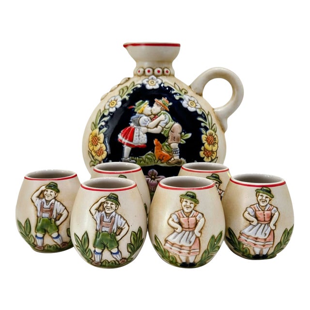 1970s Ceramarte Bavarian Courting Couple Ceramic Decanter & 6 Shot Glasses For Sale