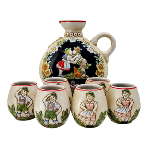 1970s Ceramarte Bavarian Courting Couple Ceramic Decanter & 6 Shot Glasses