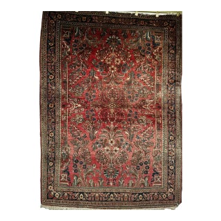 Antique Persian Sarouk Area Rug, Hand-Knotted Wool, Allover Floral Pattern, 3x5, Red & Navy For Sale