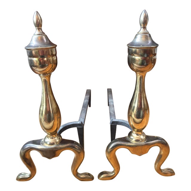 Mid 20th Century Federal Style Brass Fireplace Andirons - A Pair For Sale