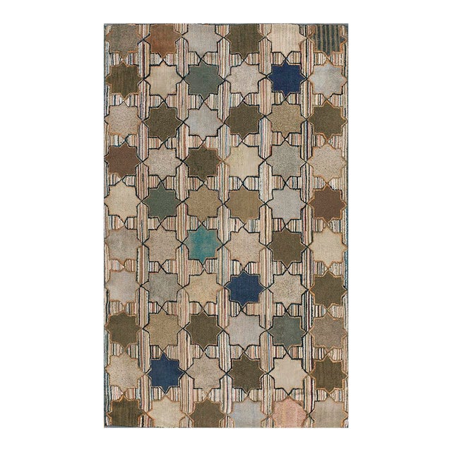 Striking Ivory Background Color With Symmetrical Design in Light and Dark Colors Antique American Hooked Rug For Sale