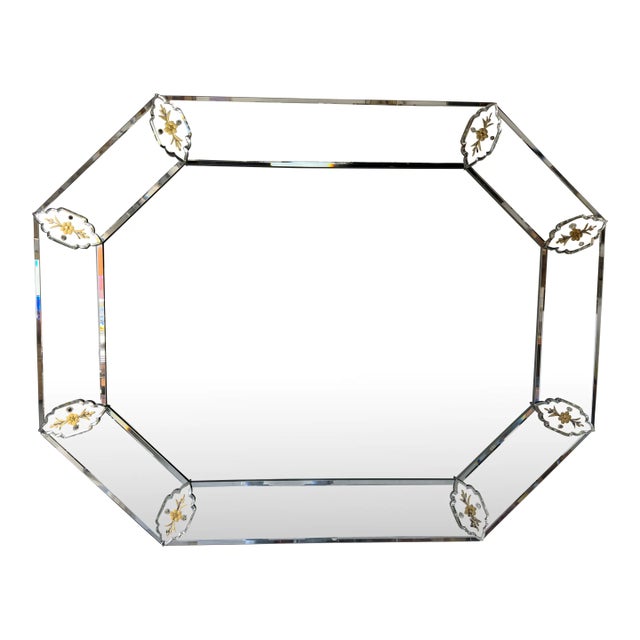 Vintage Italian Venetian Style Octagonal Beveled Glass Wall Mirror With Etched Floral Accents For Sale