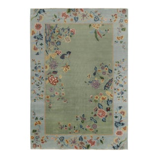 Rug & Kilim Chinese Style Art Deco Rug in Green with Blue Border & Floral Patterns - 12'x14' For Sale