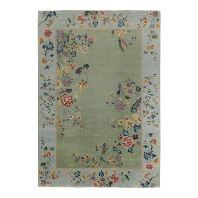 Rug & Kilim Chinese Style Art Deco Rug in Green with Blue Border & Floral Patterns - 12'x14' For Sale