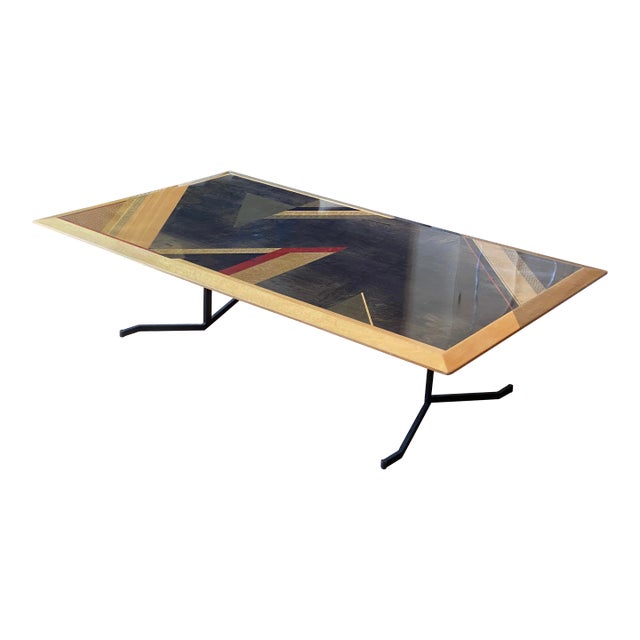 Rare Giovanni Offredi for Saporiti Italian Coffee Table - Geometric Dyed Wood Veneer Top & Sculptural Iron Base For Sale