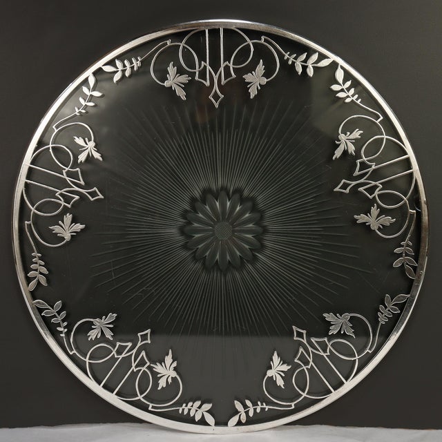 Antique Large 10-Inch Silver Overlay & Glass Floral Wine Coaster or Table Trivet For Sale - Image 13 of 15