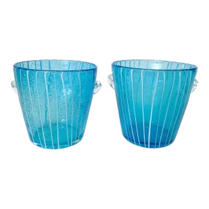 Vintage Venini Murano Style Blue Bubble Glass Wine Cooler Ice Buckets Italy 1970, a Pair