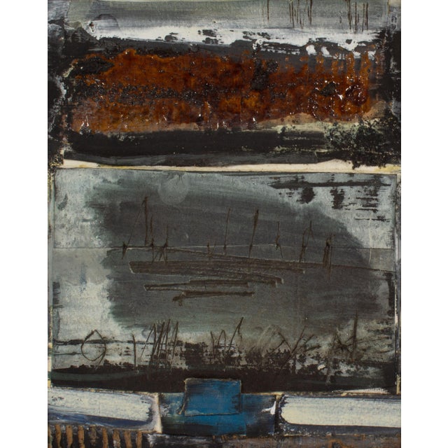 A 2005 mixed media painting and collage on board titled Asuka 15 by American artist Juliet Holland (1937-2017). Sand,...