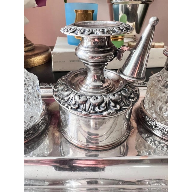 Set of 4, Antique silverplate inkwell stand with crystal diamond cut inkwells // pen and ink // desk accessory // silver on copper For Sale - Image 12 of 15