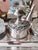 Set of 4, Antique silverplate inkwell stand with crystal diamond cut inkwells // pen and ink // desk accessory // silver on copper For Sale - Image 12 of 15