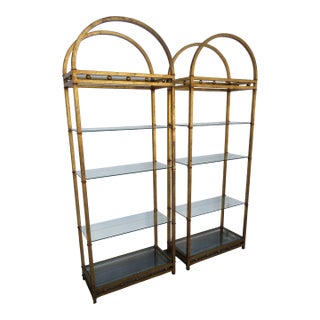 Hollywood Regency Antique Gold Metal Glass Shelving Display Cabinet a Pair 5859 For Sale
