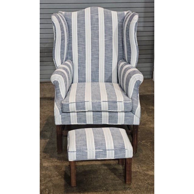Late 20th Century Pair Mahogany Chippendale Style Wing Chairs W Matching Footstools Gray Fabric For Sale - Image 4 of 8