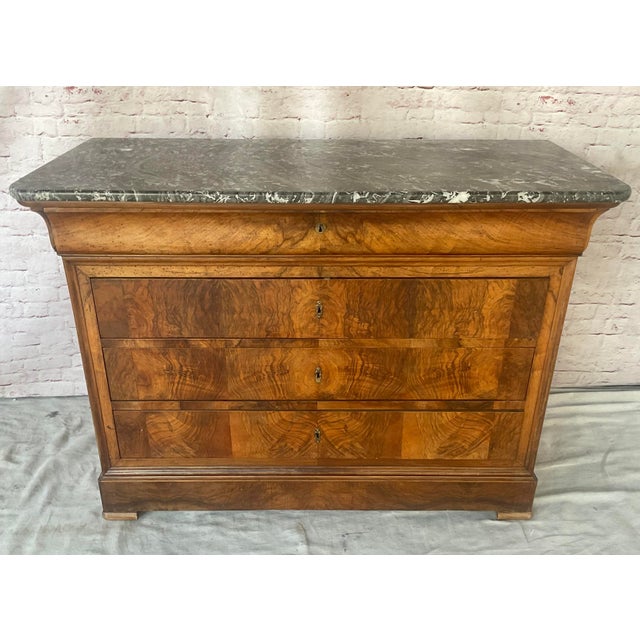 Louis Philippe Book Matched Burl Walnut Chest With Marble Top For Sale - Image 12 of 15