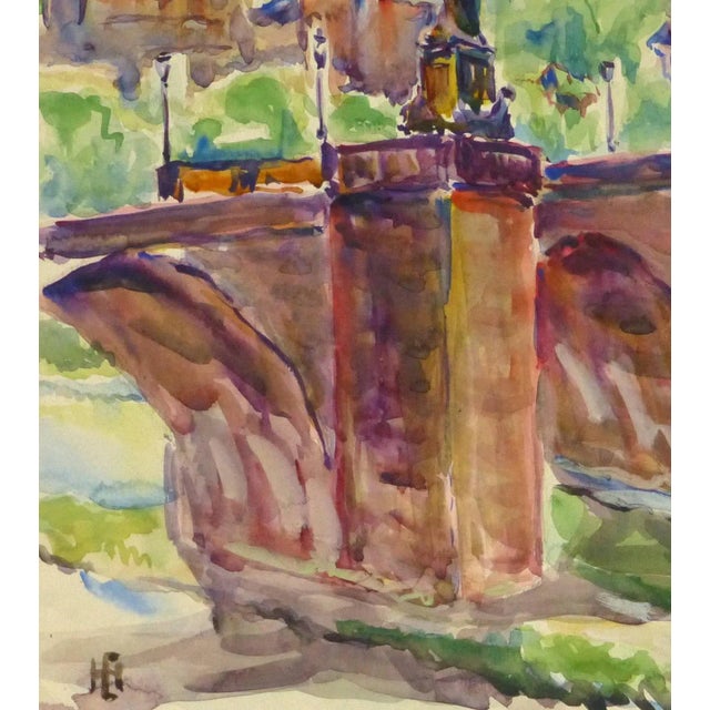 Brightly rendered watercolor of the Karl Theodor bridge located in Heidelberg, Germany, 1950. Signed lower left, artist...